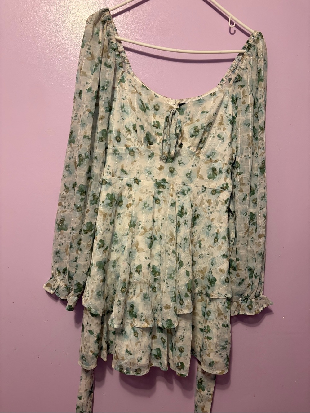 Floral Ivory and Green Long-Sleeve Tiered Women's Top